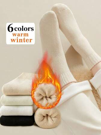 1/4/6 Pairs Women Warm Socks Thick Thermal Terry Socks For Winter Crew Socks,Solid Color, Sleep Socks, Floor Socks,Terry Socks‌,Black White Solid Color, Cozy