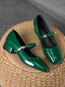 女士 3 厘米布面高跟时尚百搭白色玛丽珍鞋，适合所有季节 - 綠色 - 查看 1