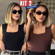 KIT 3 Blusa Regata Feminina Básica com Decote Quadrado Justa ao Corpo Confortável - PRETO/PRETO/MARROM - Visão 2