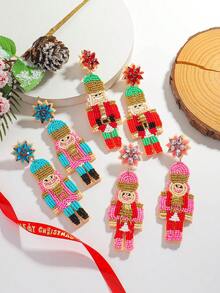2pcs Bohemian Handmade Beaded Crystal Nutcracker Soldier Drop Earrings For Women, Festive Christmas Holiday Party Daily Wear Jewelry(Handmade Version, With Slight Variations)