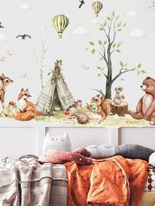 1 Set Cute Cartoon Small Animal Green Plant Combination Wall Sticker Glass Bedroom Children's Room Living Room Kindergarten Background Decoration Wall Sticker