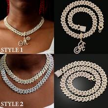 Gold Silver Plated Initial Cuban Link Chain Necklace Women Cursive Letter Gold Miami Cuban Link Chain Iced Out Chain With Pendant Women - Gold - View 7