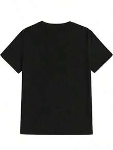 Camiseta casual negra para mujer, 100% algodón, con estampado de letras, camiseta de manga corta con cuello redondo casual y cómoda, ropa de primavera y verano, adecuada para cualquier ocasión, color sólido, casual, uso diario. - Negro - Ver 2