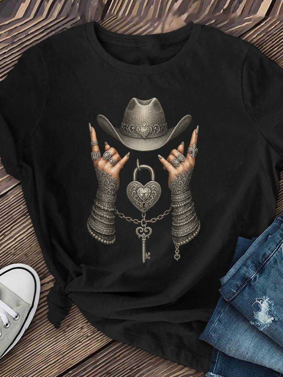[Maroon Cowboy Graphic T-Shirt] Maroon Women's Cowboy Graphic T-Shirt - Western Country Music Festival Tee With Metallic Accents - Stretchy Casual Top Everyday & Theme Parties - Machine Washable Round Neck Shirt, Cowboythemed Apparel, Medium Elasticity Fabric, Spring Summer Outfit, Comfortable Fit, Short Sleeve Tee, Festival Goers - 黑色 - 查看 1