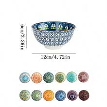 12 pièces Set de bols en céramique bohème, bols à céréales, bols à soupe, bols à salade, vaisselle de cuisine, set de bols colorés - pour céréales, soupe, avoine, crème glacée, salade, pâtes, collations, fruits etc., cadeau de pendaison de crémaillère, cadeau de fête, lave-vaisselle et micro-ondes