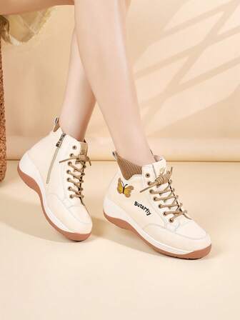 New Autumn/Winter Women Thick Sole Fashion Boots, Lace-Up Butterfly Side Zip Versatile Lightweight Non-Slip Soft Sole Comfortable Casual Ankle Boots