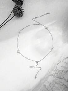 1pc Stainless Steel Necklace For Women, Dainty Layered Gold Long Necklaces 18k Gold Plated Beaded Bar CZ Drop Necklace Simple Gold Y Choker Necklaces For Women Gold Jewelry Gifts For Women