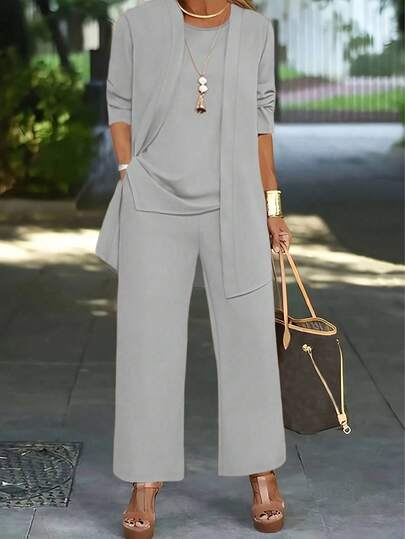 Conjunto informal de 3 piezas para mujer de unicolor: Chaqueta tipo cárdigan + Top sin mangas de cuello redondo + Pantalones rectos de cintura elástica, adecuado para primavera, otoño e invierno