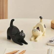Stretching Cat Phone Holder, Desktop Decor Artwork, Phone & Tablet Stand, Black, White Resin, Both Black Cat And White Cat Are Good Cats