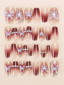 30 片按压式指甲方形/短渐变蝴蝶印花闪粉、闪亮钻石按压式指甲板/指甲饰物 Y2K 适合聚会、节日、万圣节和日常使用，附带 1 片果冻胶和 1 条摩擦条指甲用品指甲 - 彩色 - 查看 4