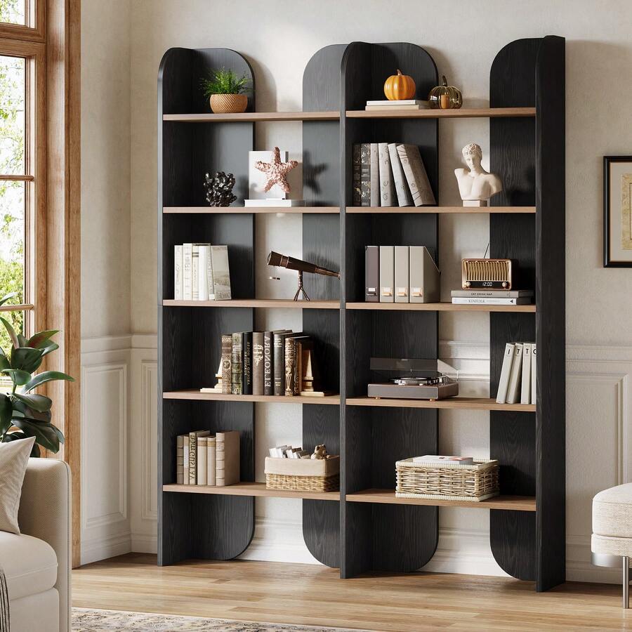Tribesigns 5-Tier Farmhouse Bookshelf, 70.87-Inch Tall Double Wide Bookcase With Open Shelves, Vintage Floor Standing Book Shelf Display Storage Shelving Unit For Home Office Bedroom Study, Black - 黑色和棕色 - 查看 1