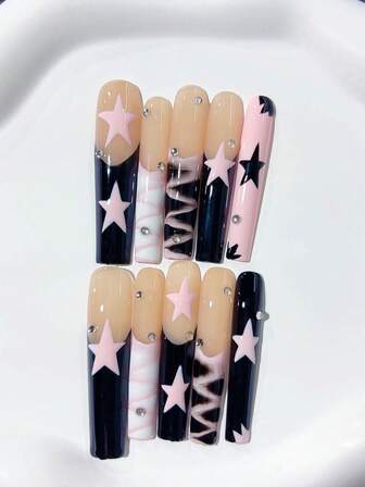 10 piezas de uñas postizas en forma de ataúd de estilo Y2K, color rosa y negro, con puntas francesas hechas a mano, estrellas rosas, decoración de diamantes; suministros para uñas, uñas acrílicas postizas, uñas hechas en casa, manualidades, arte de uñas, uñas acrílicas falsas; adecuadas para vacaciones, cumpleaños, fiestas, uso diario; incluye 1 pieza de pegatina para uñas y 1 pieza de lima pequeña