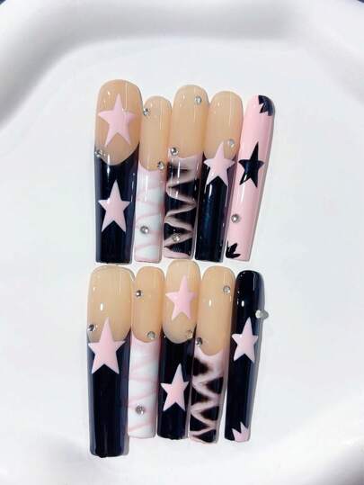 10pcs Y2K Cute Handmade Extended Coffin-Shaped Pink & Black French Manicure Nail Stickers, Hand-Painted French Pointed Tips, Pink Stars, Diamond Decor; Nail Art Supplies, Acrylic Nail Stickers, DIY Nails, Nail Art; Suitable For Vacation, Birthday, Party, Daily Wear; Includes 1pc Nail Sticker Sheet And 1pc Mini Nail File