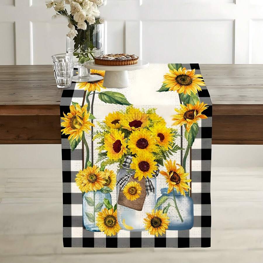 1 Piece Vibrant Sunflower Table Runner - With Black And White Checkered Edges, Made Of Polyester Fabric. Suitable For Daily Family Gatherings, Living Room And Dining Room Decoration. It Has A Rectangular Shape, Perfect For Thanksgiving Or Seasonal Celebrations. A Great Decor Item For Kitchen & Dining Room.