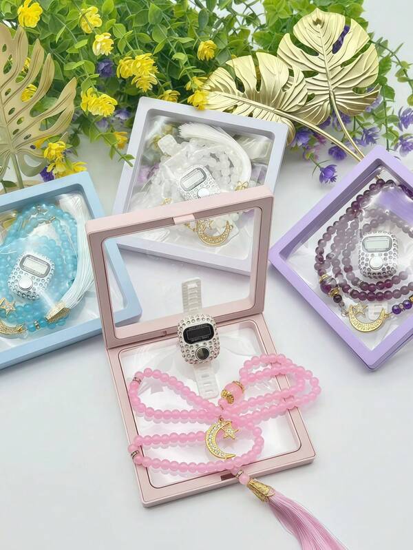 1 Set Nuevo Conjunto de Pulsera con Cristal y Estrella y Luna, Anillo Contador, Dispositivo Portátil, Accesorio Brillante Diario, Pulsera de 99 Cuentas Adecuada para Oración, Regalo