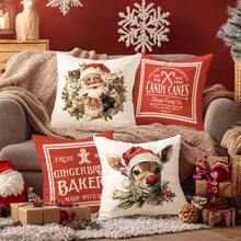 MEMNUN 4 Stück Weihnachts-Vintage-Muster mit Weihnachtsmann, Rentier, Katze auf Polyester Kissenbezügen [ohne Kissenfüllung], 45 x 45 cm, [einseitiger Muster] Frohe Weihnachten Kissenbezüge für Sofa, Bett, Wohnzimmer, Schlafzimmer, Auto, Büro, Hotel Dekoration, Weihnachtsgeschenke für Familie und Freunde