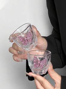 1pc/2pcs Japanese Style Glass Teaware, Wabi-Sabi Kung Fu Tea Cups, Pink Butterfly Small Tea Cups, Glacier Cups, Home & Dining Decor, Elegant Luxury Single Sip Glasses - Transparent - View 1