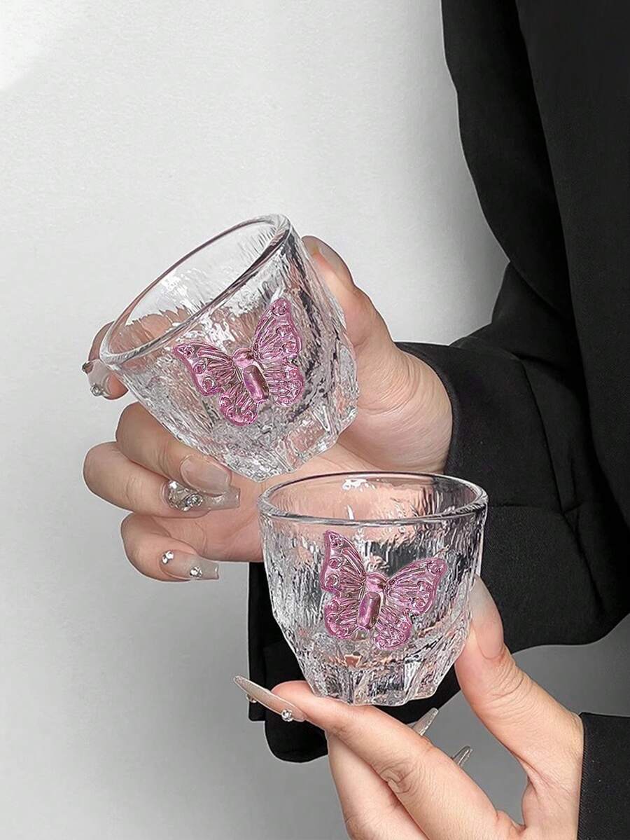 1pc/2pcs Japanese Style Glass Teaware, Wabi-Sabi Kung Fu Tea Cups, Pink Butterfly Small Tea Cups, Glacier Cups, Home & Dining Decor, Elegant Luxury Single Sip Glasses - Transparent - View 1