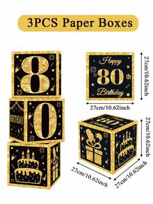 3件套黑金生日礼盒套装，适用于18岁、30岁、40岁、50岁、60岁、70岁、75岁、80岁生日派对装饰，40岁、50岁、60岁生日用品，生日快乐派对装饰，周年纪念庆祝，退休派对背景，单身派对装饰，生日摄影道具，生日惊喜礼品包装盒，生日派对用品，生日礼盒，派对小礼物 - 黑金色 - 查看 19