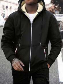 A Men's Casual Polyester Hooded Jacket With Long Sleeves, Low Elasticity, Open Hem, Zipper Closure, Regular Style, Autumn And Winter Coat, Thick Version