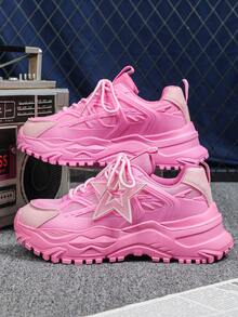 Pink Fashionable Breathable Thick Sole Casual Chunky Sneakers For Men, Removable DIY Star Pendant, Unisex Sizing, Minimalist Versatile Vacation Vibe Platform Sneakers, Suitable For Student School Shoes - 淡粉星淺粉 - 查看 3