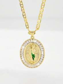 1pc 2025 New Hypoallergenic Copper Inlaid Colorful Green Zirconia Round Priest Pendant Necklace, Suitable For Christmas/Thanksgiving/Mother's Day/Valentine's Day Couples/Friends/Fellow Church Members As Gifts, Catholic First Communion, Daily Festival Wear And Prayer