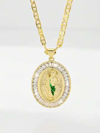  1 pieza 2025 Nuevo collar colgante de sacerdote redondo con circonia verde colorida incrustada de cobre hipoalergénico, adecuado como regalo para parejas/amigos/miembros de la iglesia en Navidad/Acción de Gracias/Día de la Madre/San Valentín, Primera Comunión Católica, uso diario y oración