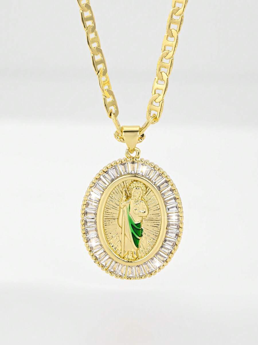 1pc 2025 New Hypoallergenic Copper Inlaid Colorful Green Zirconia Round Priest Pendant Necklace, Suitable For Christmas/Thanksgiving/Mother's Day/Valentine's Day Couples/Friends/Fellow Church Members As Gifts, Catholic First Communion, Daily Festival Wear And Prayer