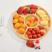 صينية خشبية للخدمة، طبق دائري من البامبو والخشب، به 5 أقسام لتقديم الحلوى والمكسرات والفواكه - طبق مقبلات دائري