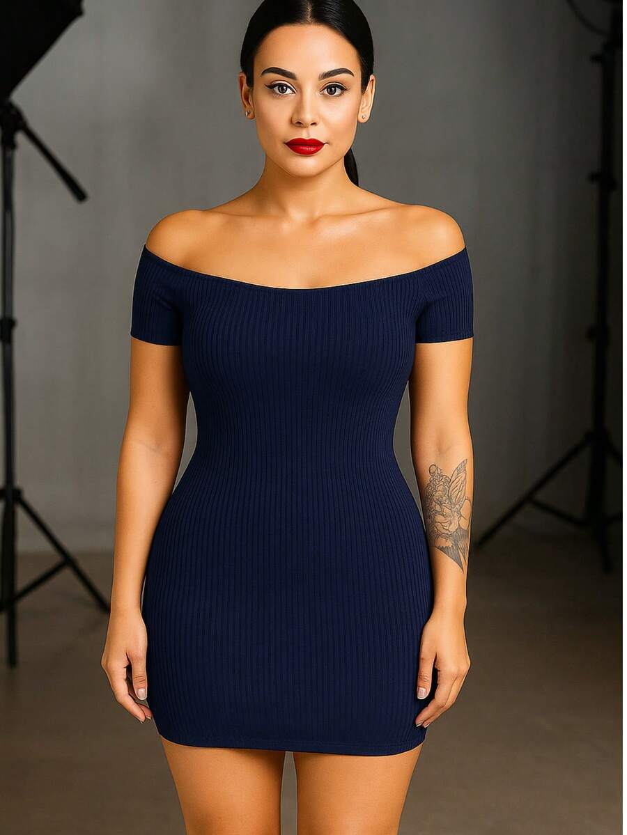 Vestido Feminino Curto Canelado ombro a ombro casual simples - Azul - Visão 1