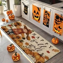 1 pièce/2 pièces/3 pièces Tapis de sol de cuisine épais imprimé de citrouille et d'épouvantail d'automne pour Thanksgiving et Halloween, tapis antidérapant et résistant à l'huile imprimé pour Thanksgiving, tapis de cuisine imperméable, tapis d'entrée lavable, tapis absorbant pour la cuisine, le salon, la buanderie, la salle de bain, décoration de la maison