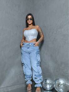 Cropped Corset With Ribs And Shiny Strapless | Ties At The Back Fashion 2025 Summer/Carnival/Party - Silver - View 7