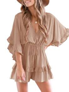 Womens V Neck Beach Romper Ruffle Layered Drawstring Waisted Shorts Jumpsuit - Màu Khaki - Xem 3
