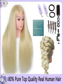 带真人头发的模特头 80% 26 英寸头发模特头，可在娃娃头上练习发型设计，配有夹子和工具，美容模特头（#4 无化妆） - 紫紅色 - 查看 6