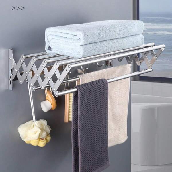1 Piece Of Telescopic Drying Rack, Stainless Steel Wall Mounted Telescopic Dryer, Easy To Install - Suitable For Balcony, Bathroom, Small Apartment, Balcony Drying Rack | Foldable Design | Multifunctional Practical Hook, Clothes Hanger
