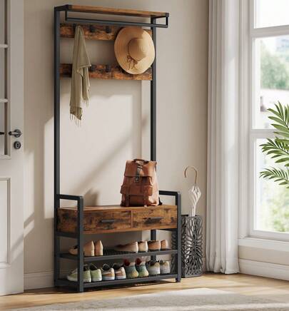 VASAGLE Porte-Manteau d'Entrée, Meuble d'Entrée avec 10 Crochets Amovibles, 2 Tiroirs, Design Séparable, 30 x 80,4 x 181,6 cm, Marron Rustique et Noir d'Encre