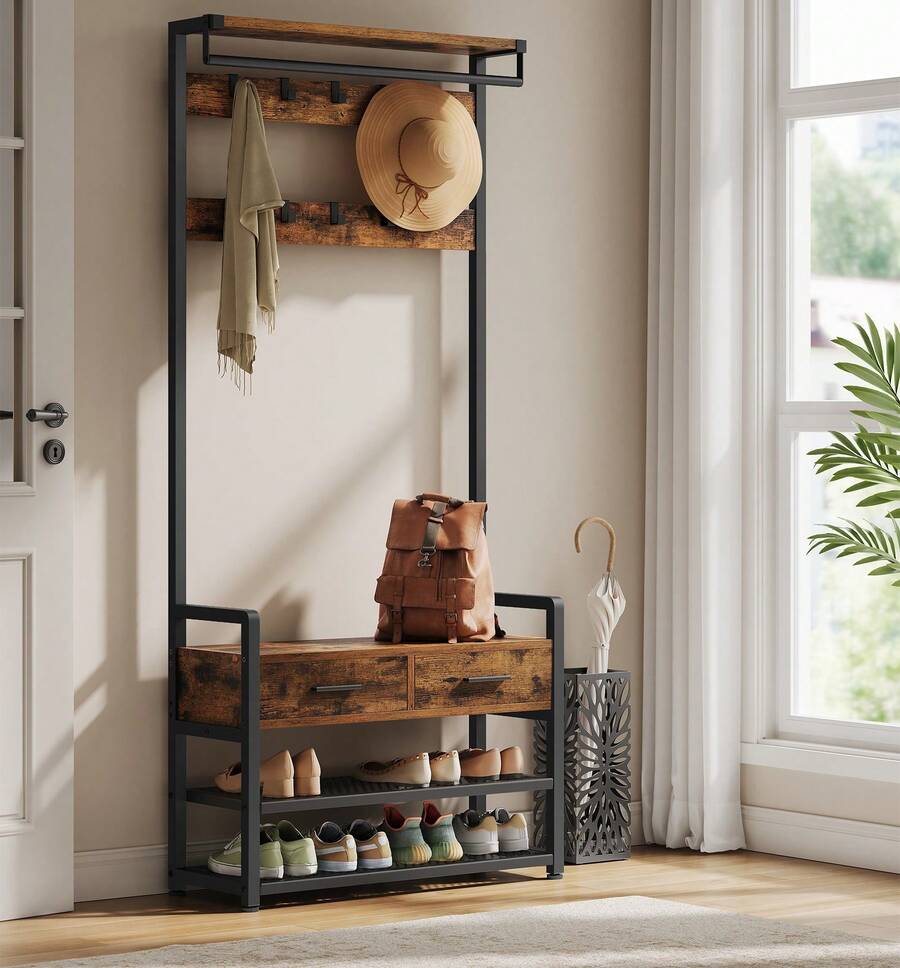 VASAGLE Porte-Manteau d'Entrée, Meuble d'Entrée avec 10 Crochets Amovibles, 2 Tiroirs, Design Séparable, 30 x 80,4 x 181,6 cm, Marron Rustique et Noir d'Encre - Braun - Übersicht 1