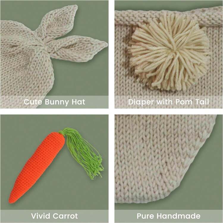 3件套新生儿复活节男宝宝摄影道具套装，包括手工钩织兔子、针织帽、尿布和胡萝卜，适合拍照服装。 - 米色 - 查看 5