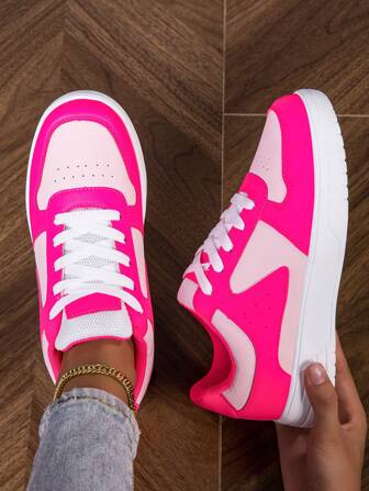 Spring New Fashion Minimalist Classic Round Toe Sneakers, Light Pink & Burgundy Lace-Up Thick Sole Casual Sports Shoes, Suitable For Students, Skateboarding, Campus Couples, Comfortable & Breathable