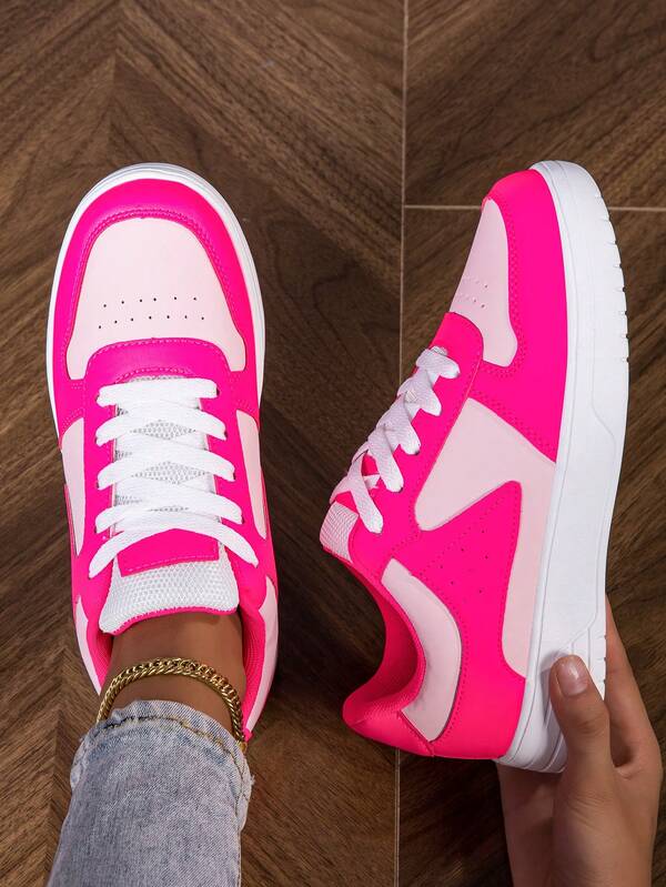 Spring New Fashion Minimalist Classic Round Toe Sneakers, Light Pink & Burgundy Lace-Up Thick Sole Casual Sports Shoes, Suitable For Students, Skateboarding, Campus Couples, Comfortable & Breathable