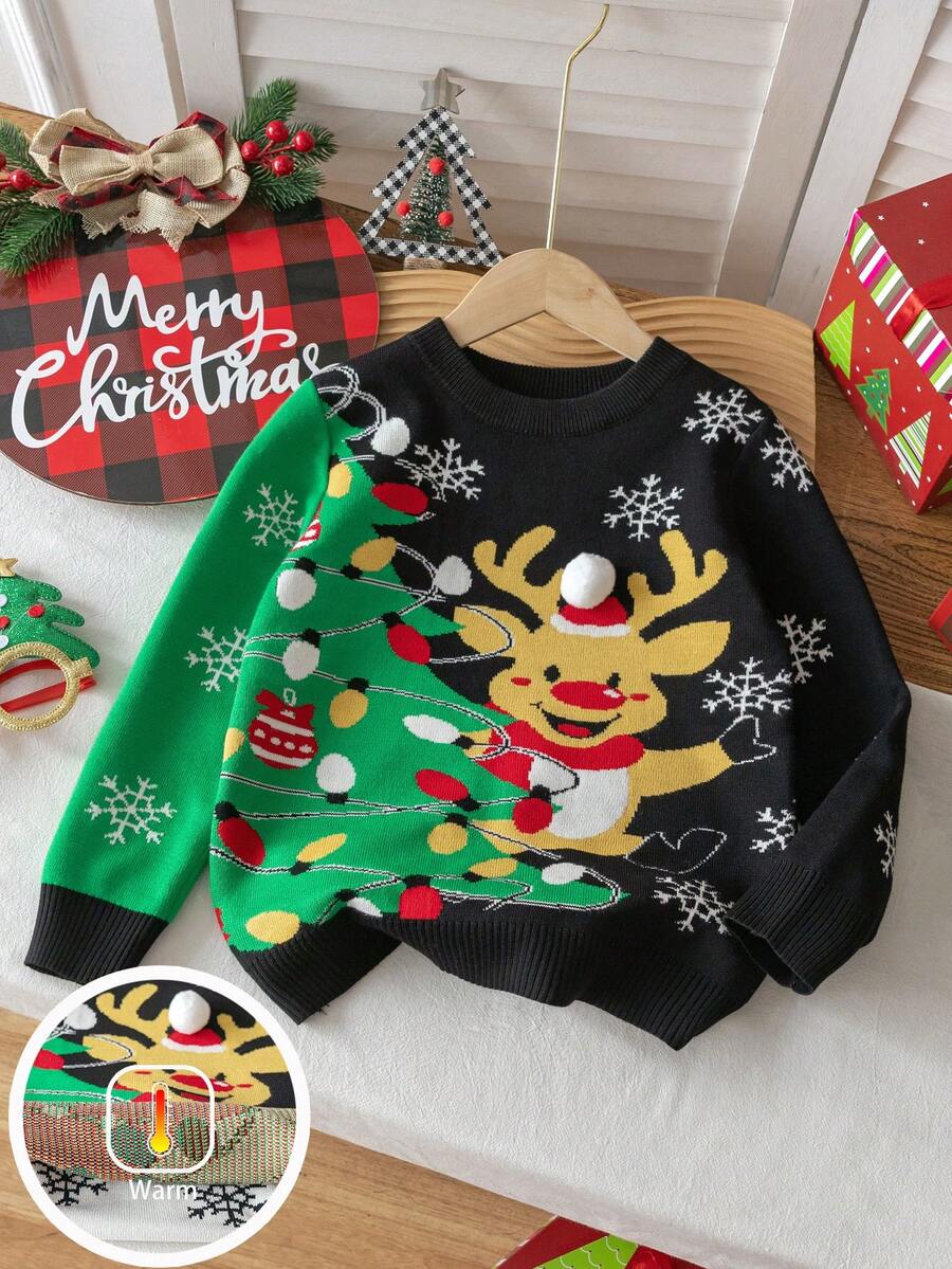 Kids & Youth Cute Christmas Reindeer Lights Knitted Pullover Sweater, Suitable For Christmas Party, Spring, Autumn, Winter - Black - View 1