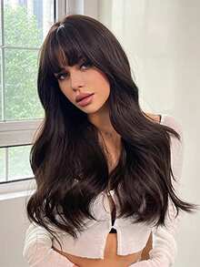 巧克力棕色机织假发 真人发质假发 带刘海 波浪卷发 易于安装 彩色 4# 假发 带刘海 180% 密度 适合女性日常使用 万圣节服装 - 棕色 - 查看 5