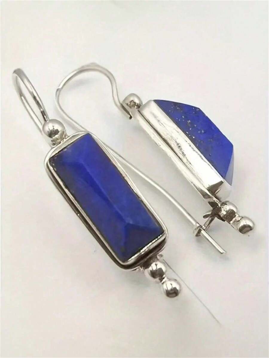 一对波西米亚风格长方形蓝色仿绿松石镶嵌耳环，适合女性日常、派对、旅行佩戴，可作珠宝礼品。 - 銀色 - 查看 1