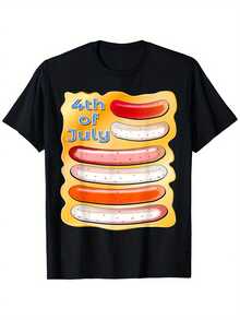 Camiseta Divertida de Hombres para el 4 de Julio - Diseño Patriótico de Hot Dogs y Bandera Americana, Algodón Pesado 180gsm para Fiesta del Día de la Independencia, Tallas S-XXXL en , Ropa Casual de Verano, Ajuste Cómodo con Estampado Juguetón - Negro - Ver 1