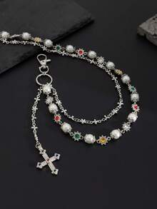 1pc Vintage Elegant Minimalist Colorful Crystal & Faux Pearl Pants Chain, Unisex Punk Hip-Hop Diagonal Cross Chain, For Pants Decoration, Casual Outdoor, Travel, Date Wear