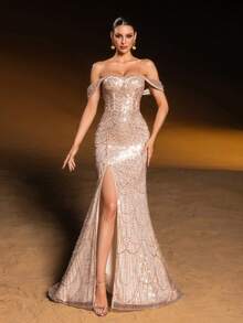 Faeriesty Vestido de noche elegante y glamoroso con un hombro, lentejuelas y abertura alta con bajo de sirena - Perfecto para galas, bodas, alfombra roja, banquetes formales y eventos de etiqueta negra para mujeres