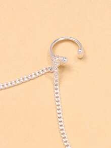 1pc Fashionable Silver Metal Chain Lip Stud, Rhinestone Tassel Face Jewelry, Gothic Style Accessory - Silver - View 9