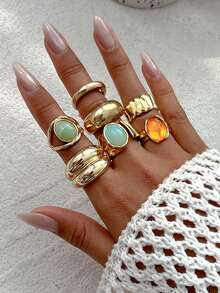 9-5 件复古优雅复古硬币风格多元素彩色宝石、猫眼石、水晶镶嵌亚克力可调节戒指套装，厚实锤纹不对称几何戒指，波西米亚风格多层戒指，男女皆宜，适合派对、婚礼、节日、礼物 - 彩色 - 查看 14