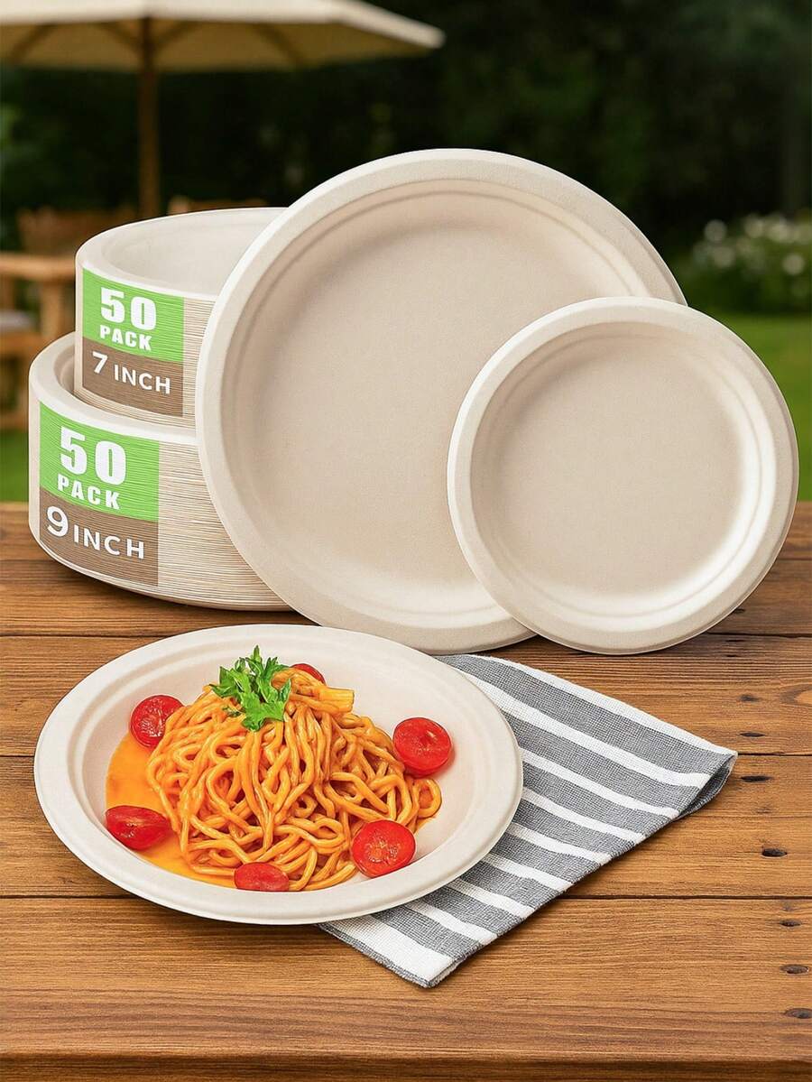 10/50 件一次性派对盘子，坚固厚纸盘，甜点盘，派对餐具纸盘，户外烧烤纸盘，纸浆盘，方便的一次性盘子，适用于晚餐、派对、婚礼、生日、万圣节、圣诞节、学校聚会