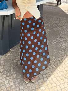 Women Polka Dot Midi Skirt Y2k Low Waist Semi Sheer Asymmetrical Hem Summer Flowy Midi Skirt Going Out - 卡其色 - 查看 4